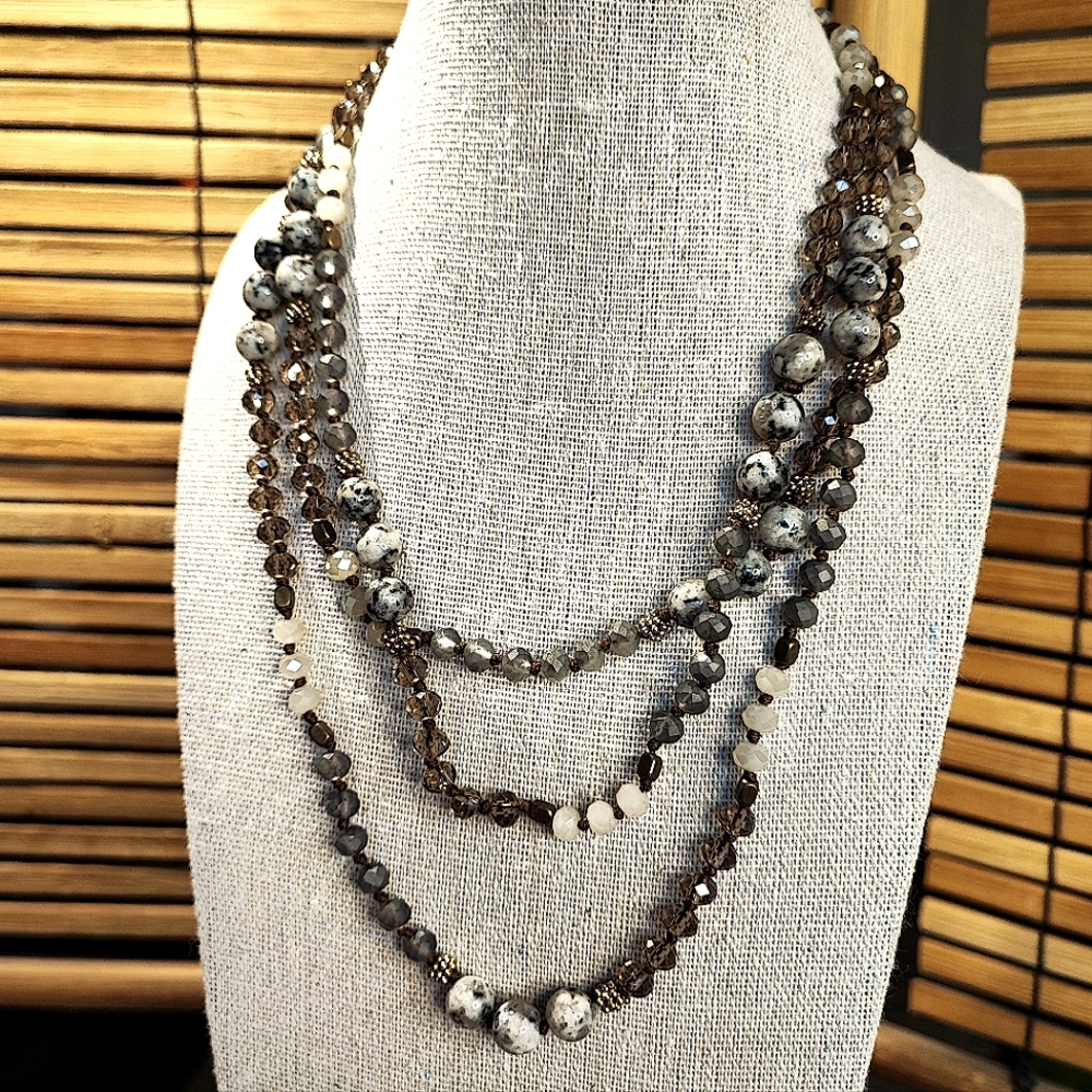 Stone Glass Crystal Faceted Crystal Extra Long Gold Tone Necklace Smokey Topaz